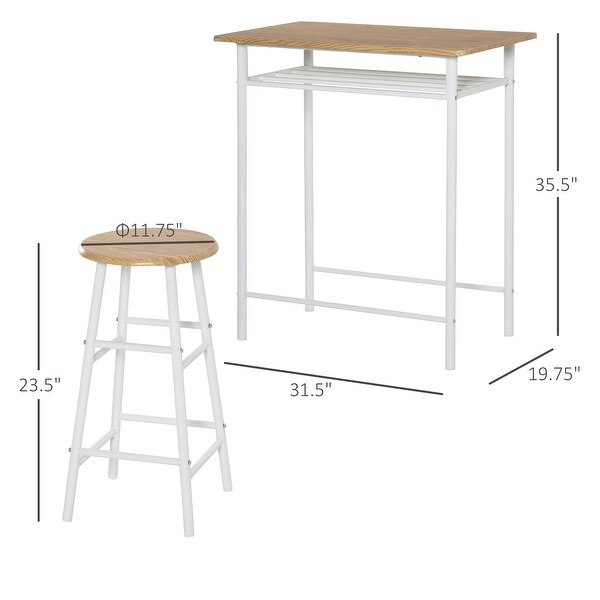 HOMCOM 3 Piece Bar Height Dining Furniture Set with 1 Table， 2 Matching Stools and Metal Frame Footrest