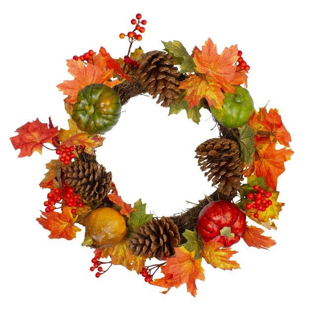 Northlight Leaves Pine Cones And Pumpkins Artificial Fall Harvest Wreath 20 inch Unlit