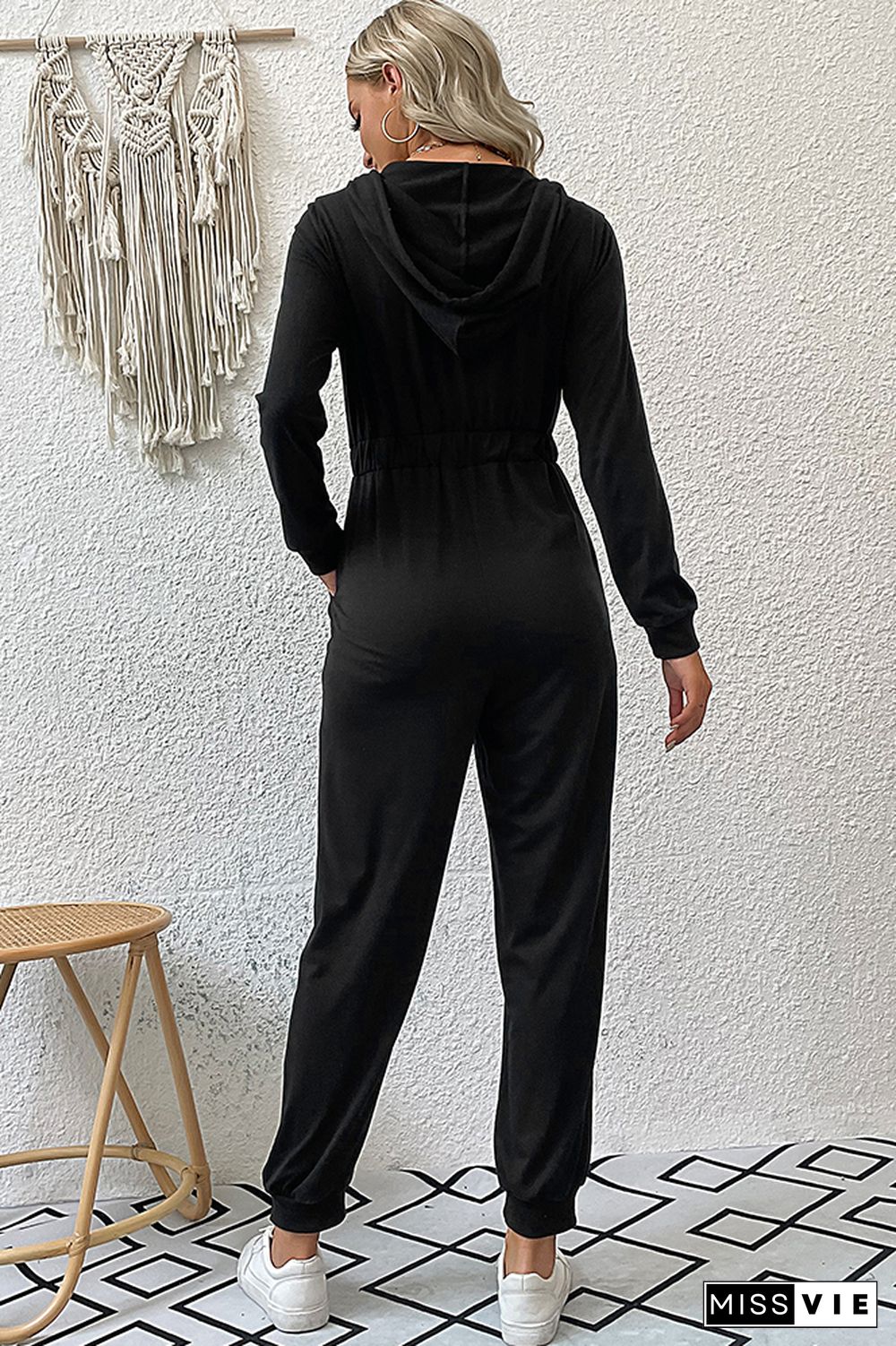 Black Zipper Hooded Sports Wear One Piece Jumpsuit