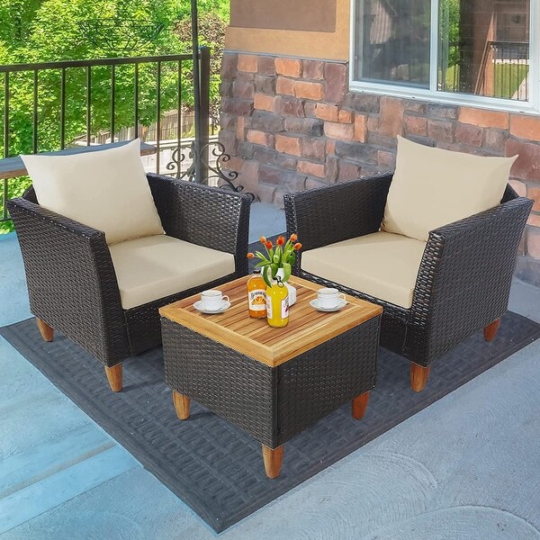 3 Pieces Patio Rattan Bistro Furniture Set with Wooden Table Top