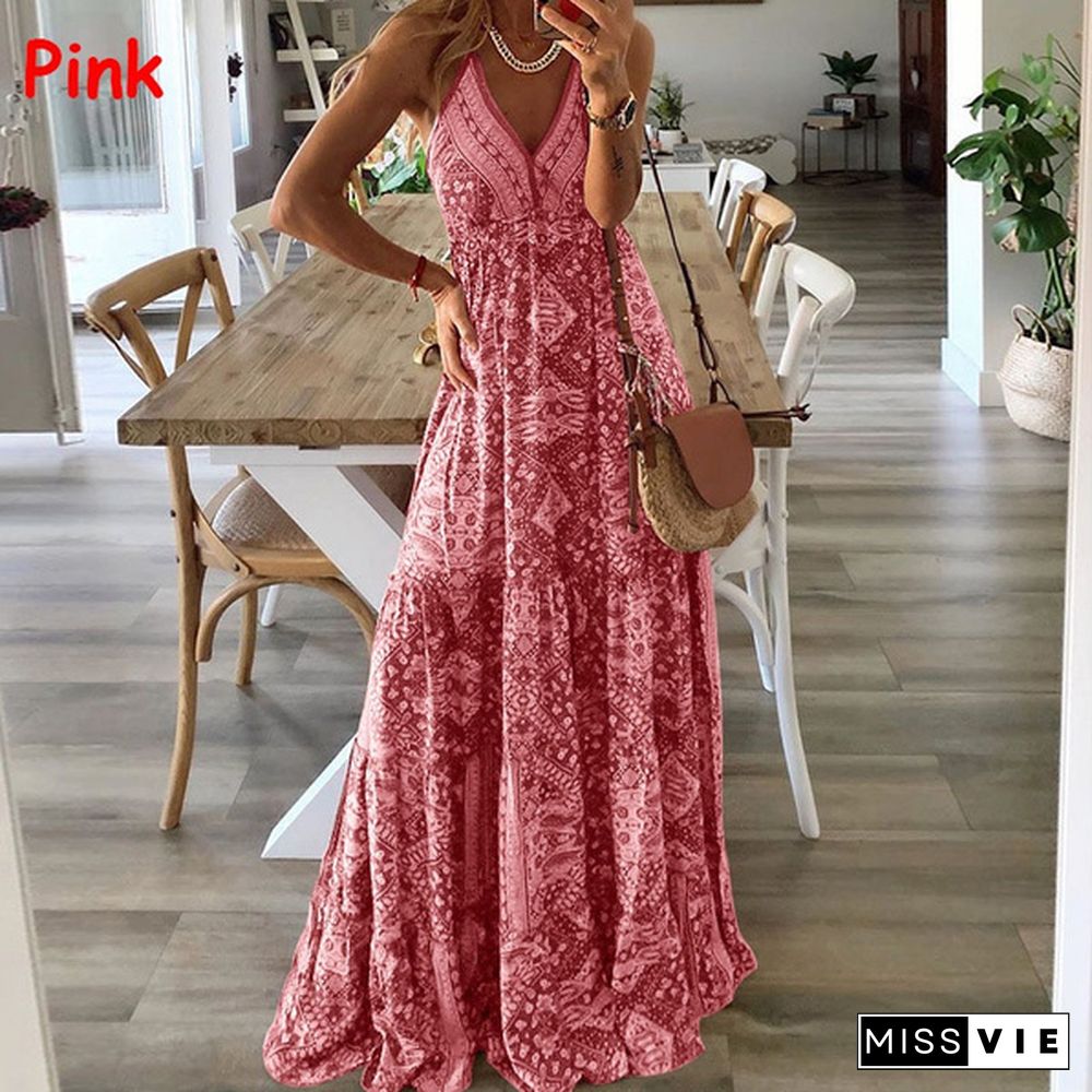 Bohemia Style Women Summer V-neck Casual Beach Maxi Dresses Print Bohemian Plus Size 3XL Vestido