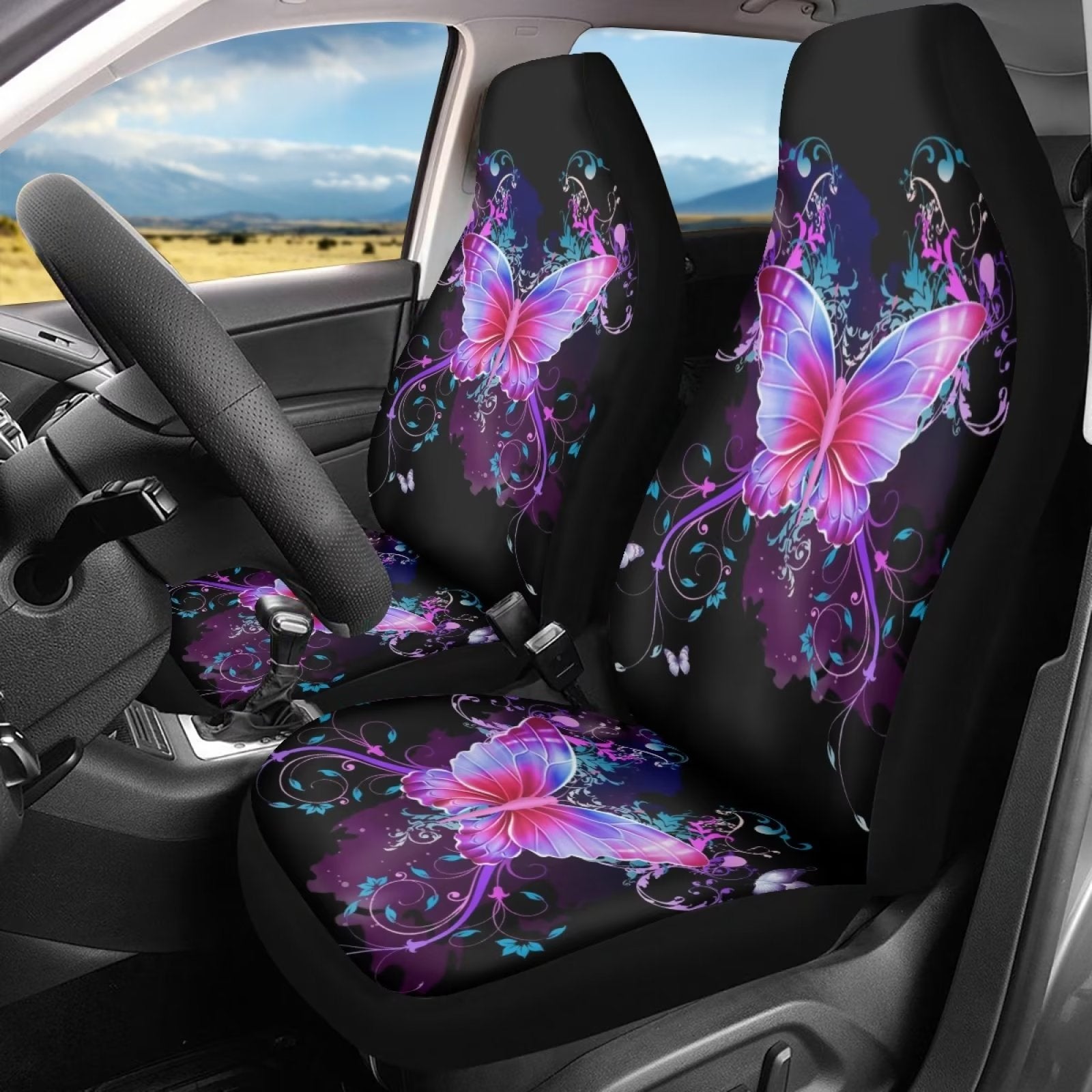 FKELYI Floral Butterfly Front Car Seat Covers Full Set for Women Men，2 Packs，Auto Front Seat Covers，Universal Car interior Accessories for Almost Car，Truck，Van，SUV