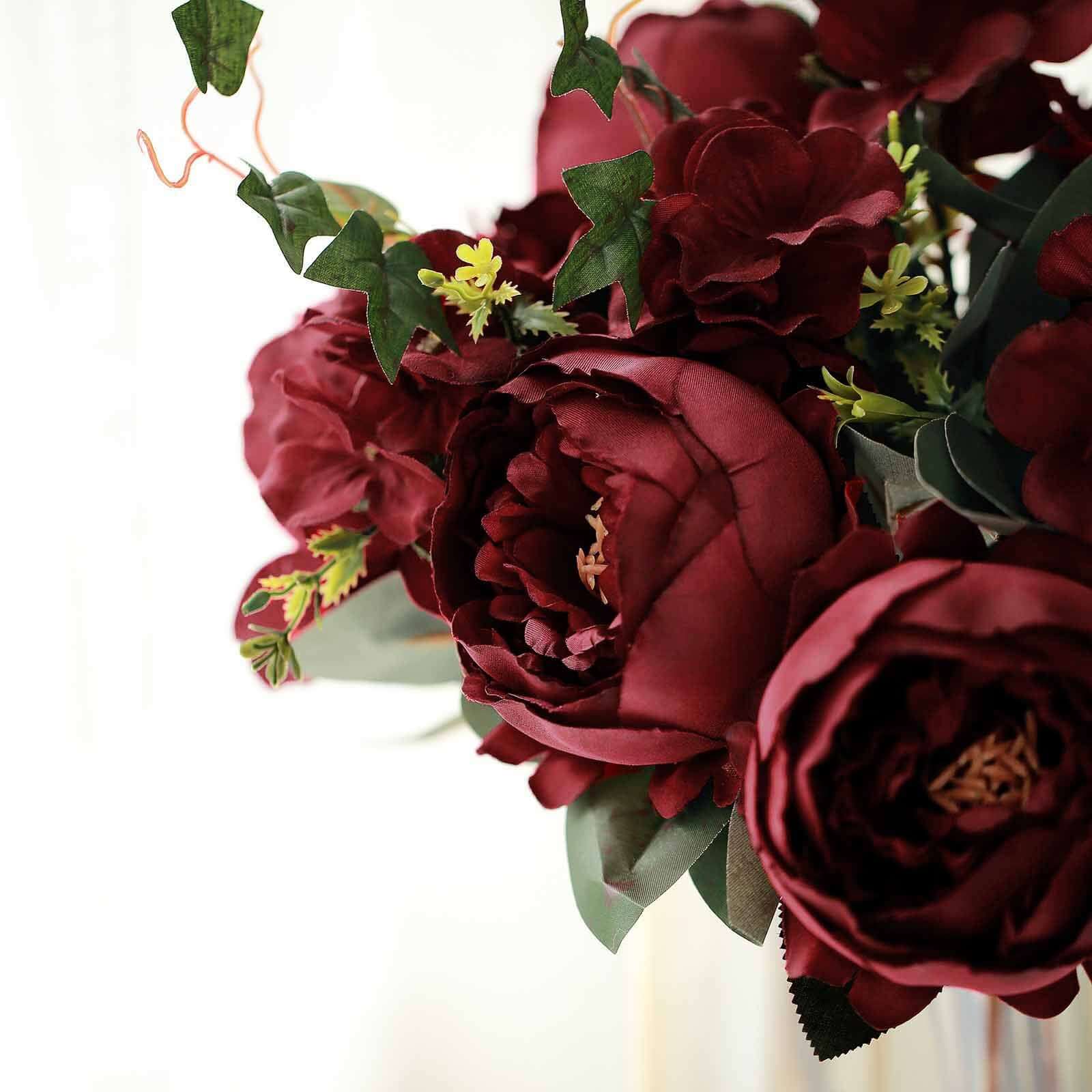 2 Bush Burgundy Artificial Silk Peony, Rose and Hydrangea Flower Bouquet