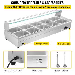 VEVOR 10 Pan x 12 GN Stainelss Steel Commercial Food Steam Table 6 in. Deep 1500Watt Electric Countertop Food Warmer 110 Qt. BLZBWTC10B2100001V1