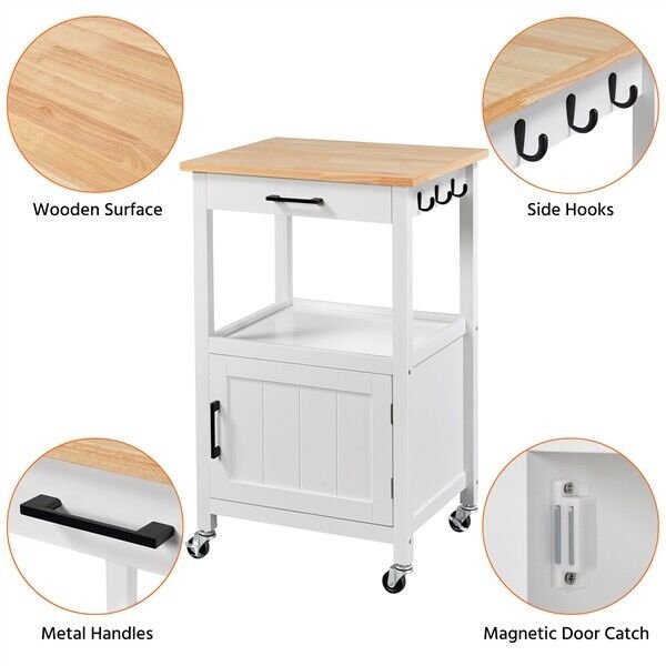 Wood Top Kitchen Island Rolling Cart with 1 Drawer and Single Door Storage， White