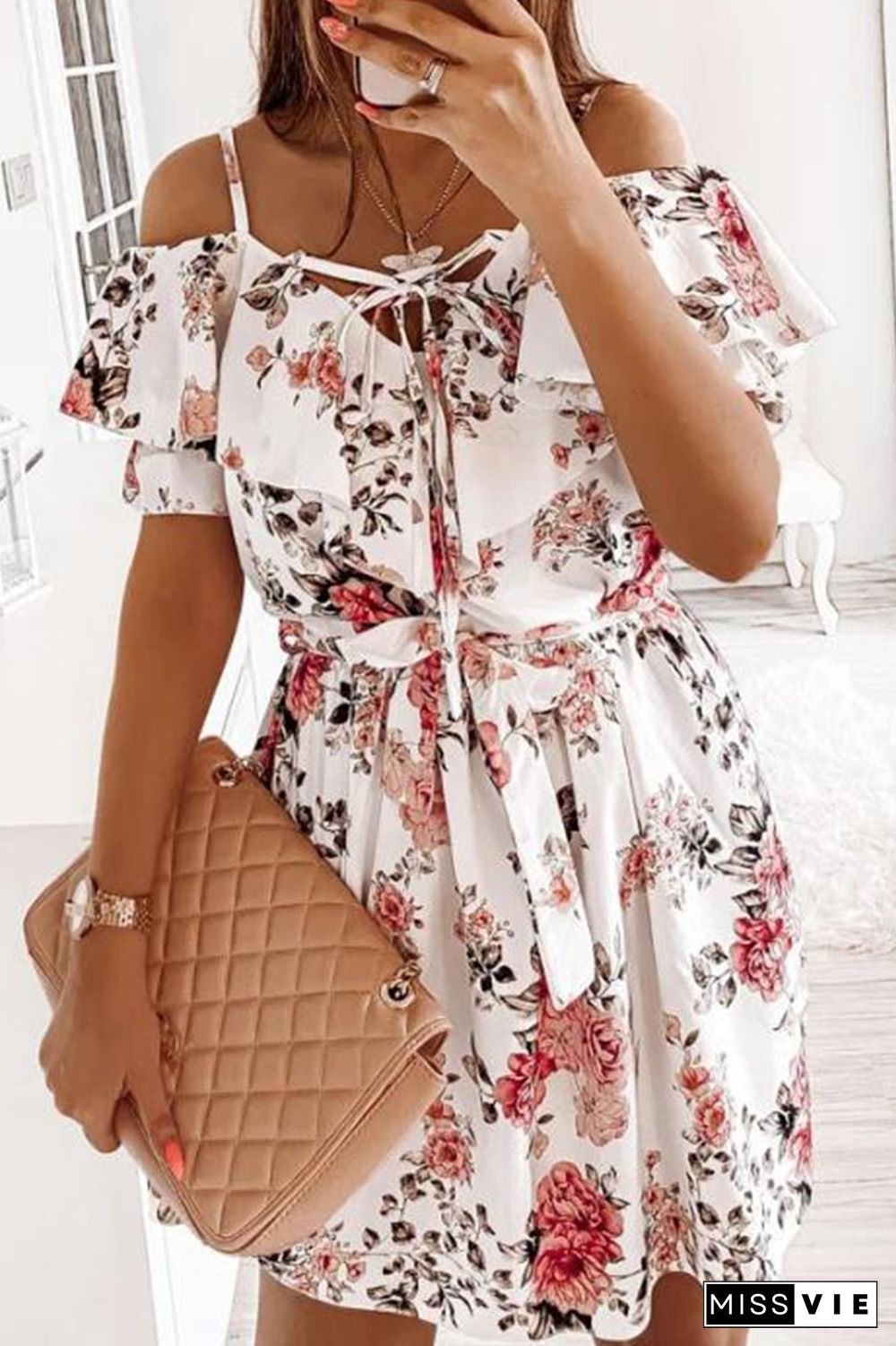 Elegant Floral Frenulum Flounce V Neck A Line Dresses