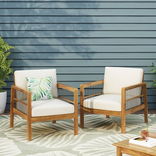 2pk Elias Outdoor Acacia Wood Club Chairs With Cushions Teak beige Christopher Knight Home