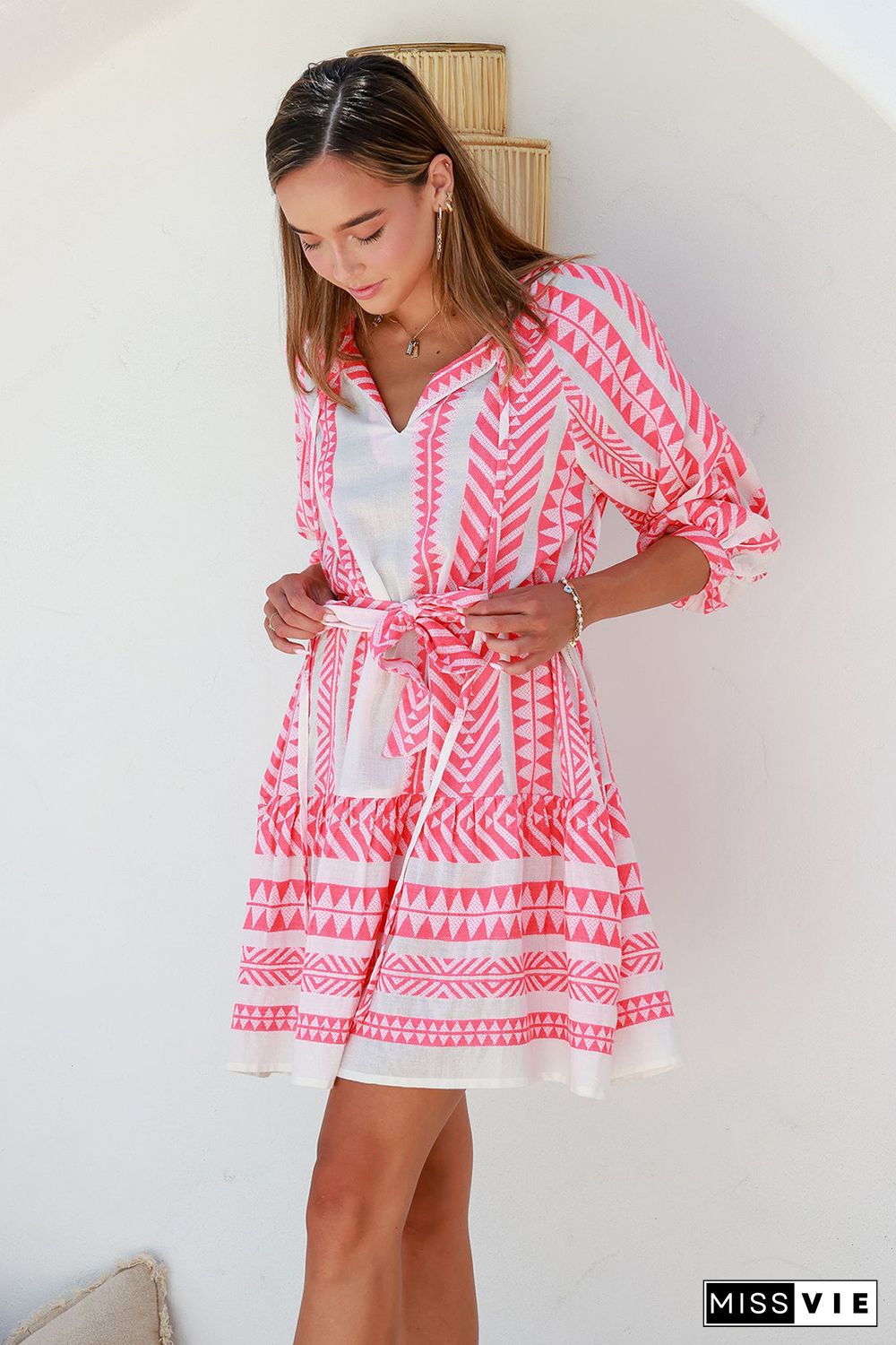 Red Geometric Print Belted Puff Sleeve Dress