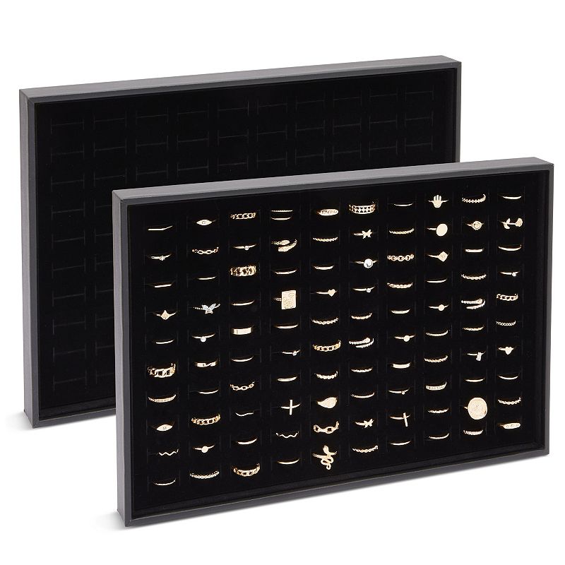 Ring Pad - 2-Pack Velvet Ring Display Pad with Faux Leather Case， 100-Slot Ring Box， 13.8 x 9.5 x 1.25-Inch Ring Foam， Jewelry Tray Insert for Accessory Storage