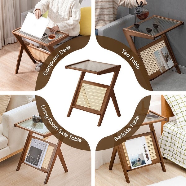 Bamboo Glass-top End Table with Rattan-like Magazine Rack