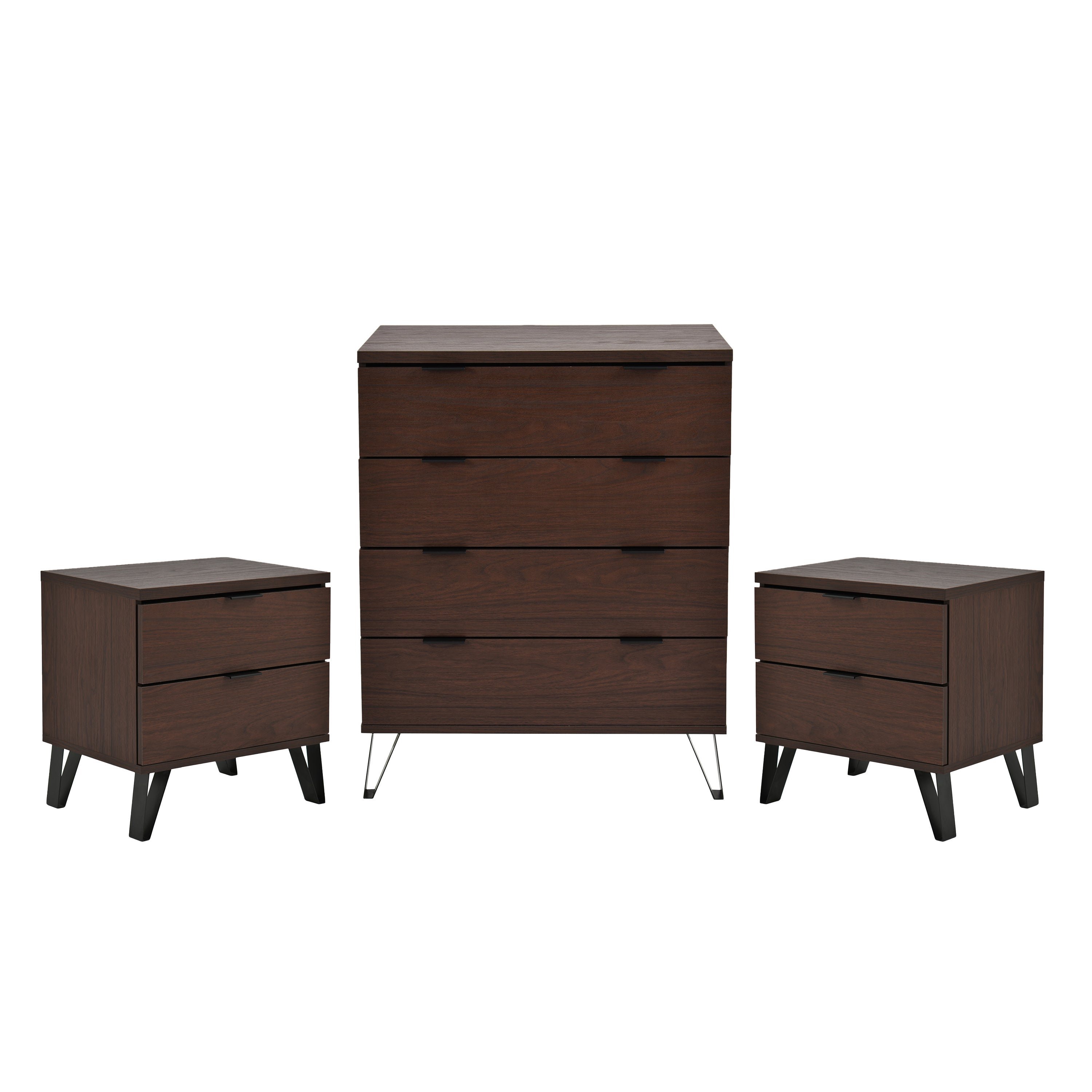 Demijen Modern Industrial 3 Piece 4 Drawer Dresser and Nightstand Bedroom Set, Walnut and Matte Black