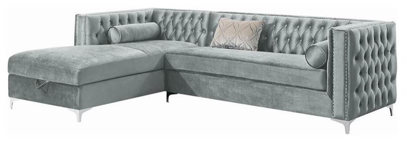 Coaster Bellaire Velvet Tufted Left Facing Storage Sectional in Silver   Midcentury   Sectional Sofas   by Homesquare  Houzz