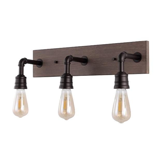 3 light Corbett Rustic Farmhouse Iron Led Vanity Oil Rubbed Bronze brown Wood Finish Jonathan Y