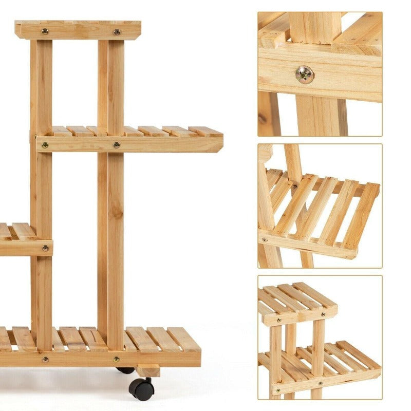 4 Tier Wood Plant Stand Rolling Flower Rack with 4 Wheels