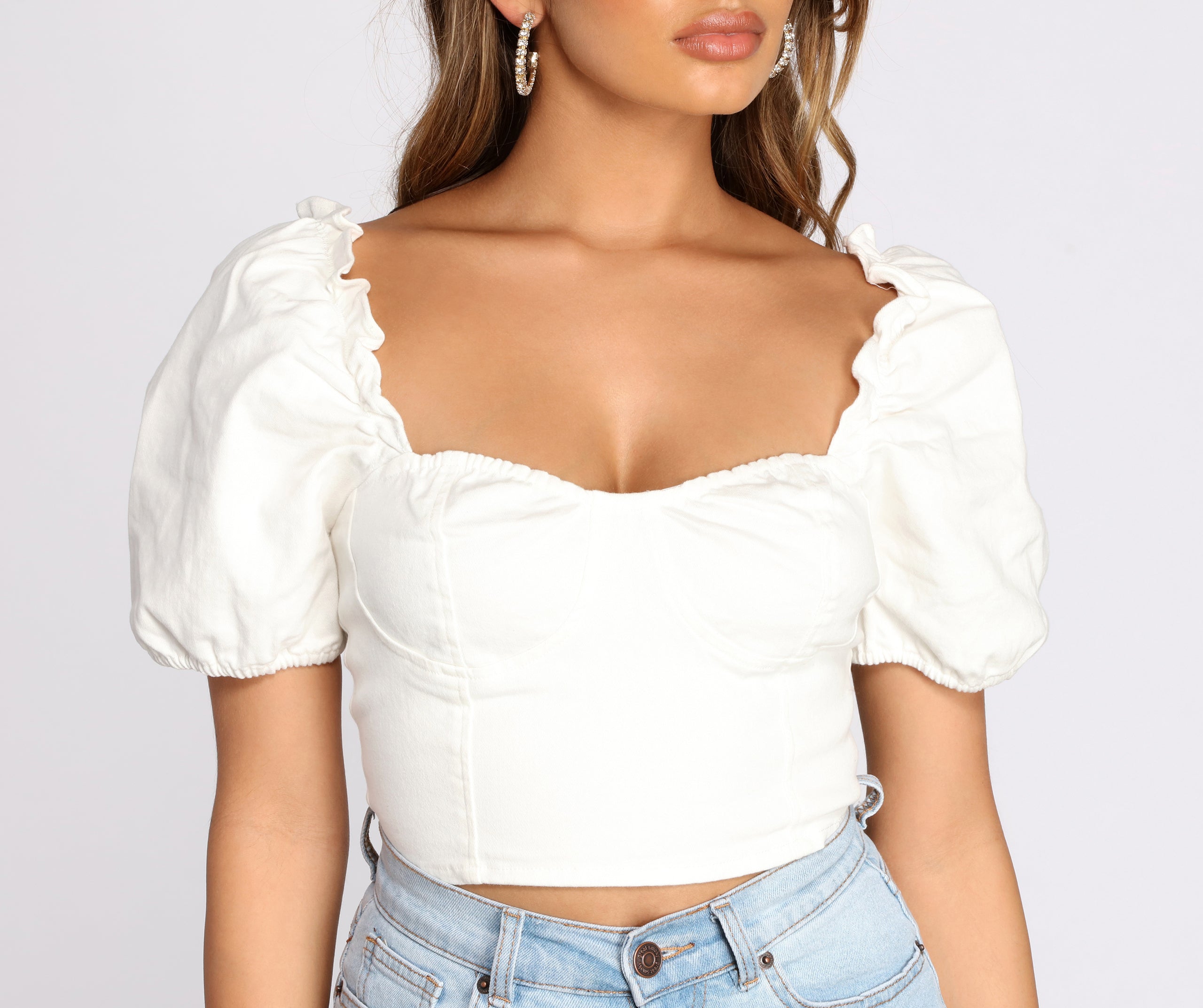 Denim Puff Sleeve Crop Top