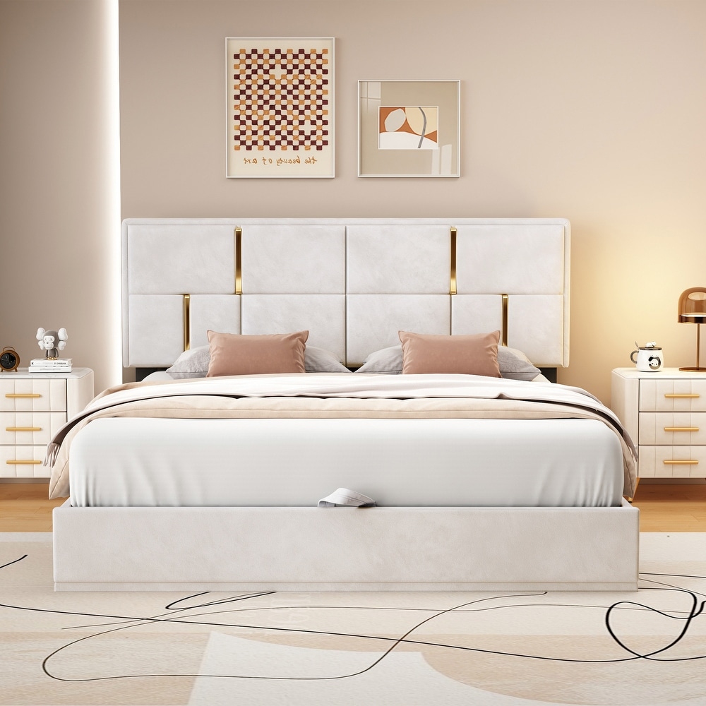 Beige Queen Size Upholstered Platform Bed with Hydraulic Storage System and Gold Trim Headboard  No Box Spring Needed