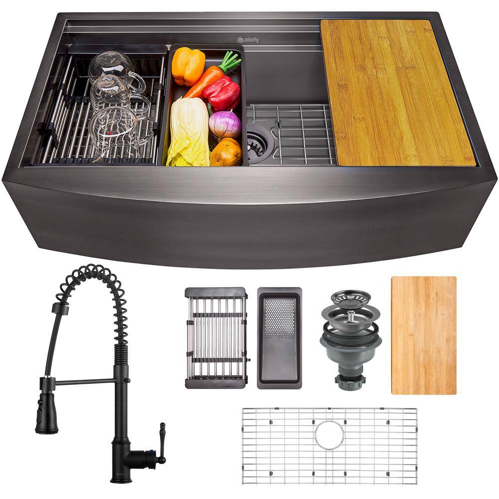 AKDY All-in-One Matte Black Finished Stainless Steel 33 in. x 22 in. Farmhouse Apron Mount Kitchen Sink with Faucet KS0532-KF12