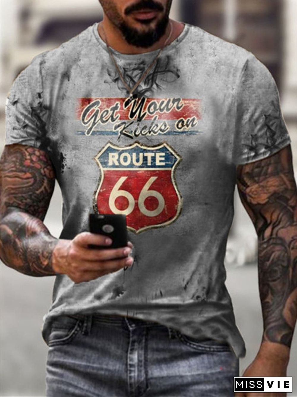 New Fashion Route 66 Digital Printing Trend Men's Sports Short-sleeved T-shirt