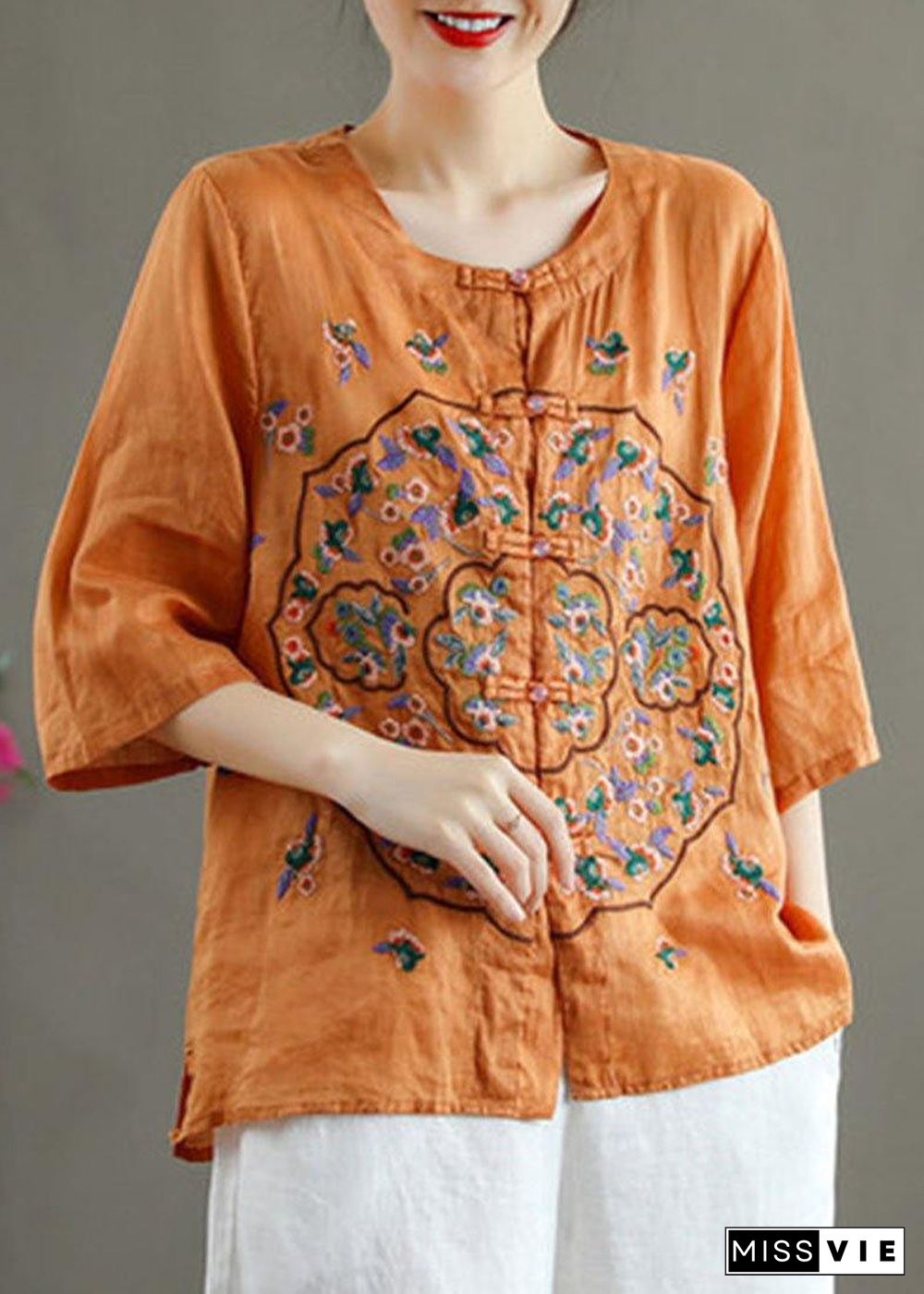 Plus Size Orange Embroideried Oriental Ramie Top Summer