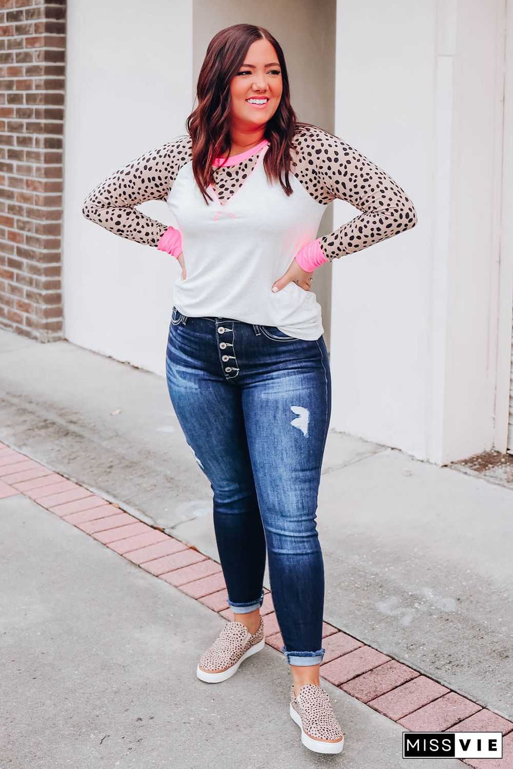 White Leopard Patchwork Long Sleeve Plus Size Top