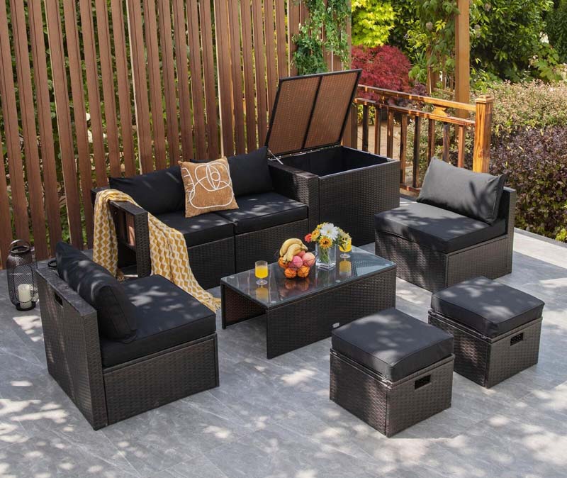 8 Pcs Rattan Patio Sectional Sofa Set with Storage Box & Waterproof Cover