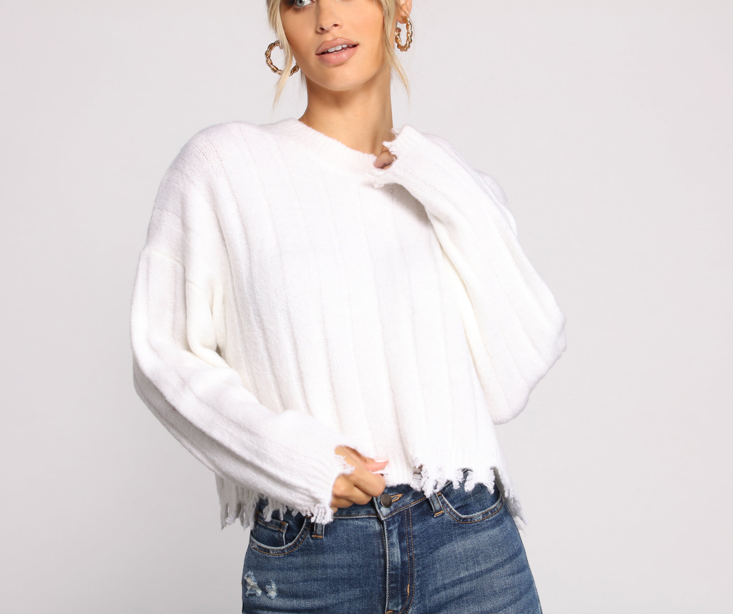 Destructed Knit Long Sleeve Cropped Sweater