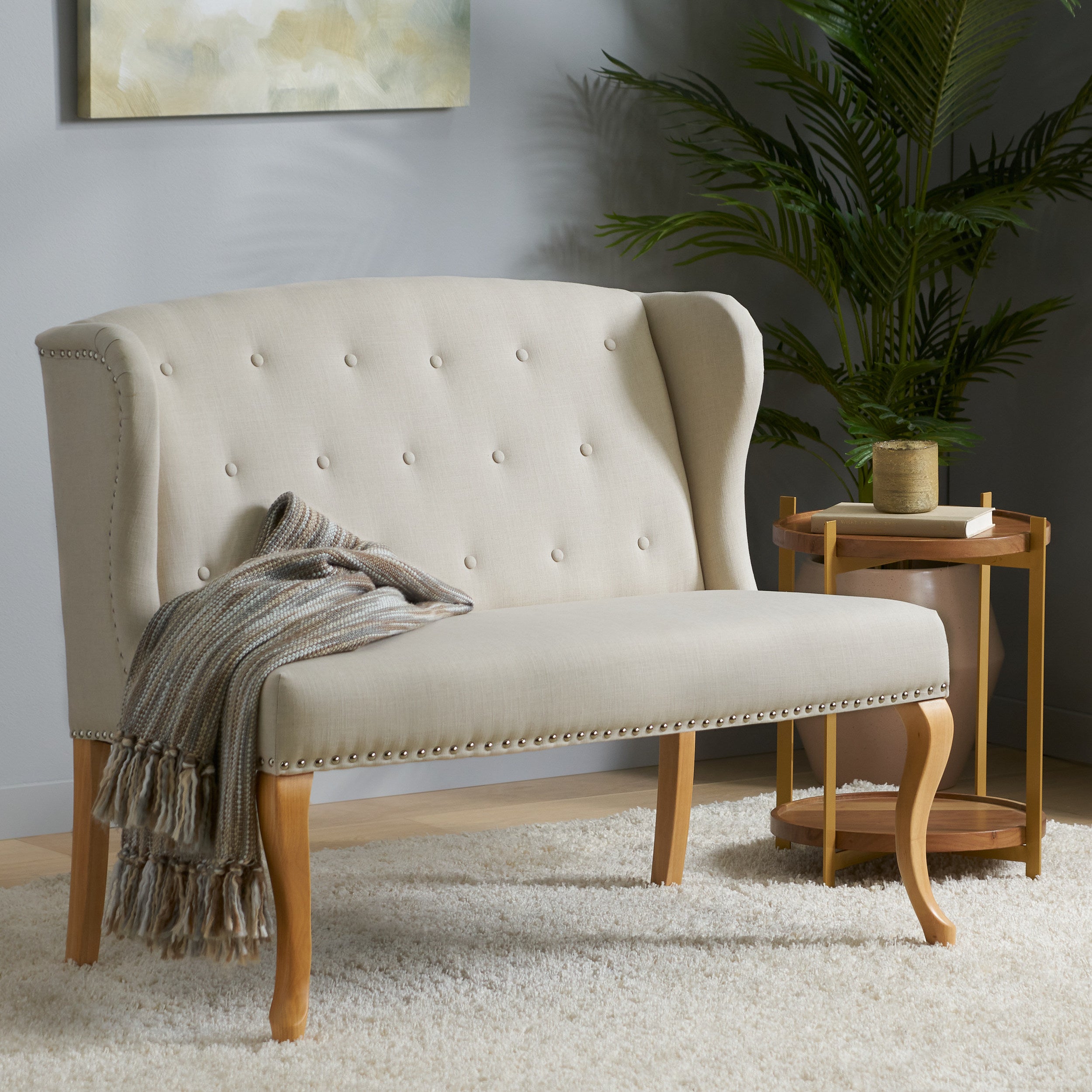 Eva French Country Style Tufted Beige Fabric Wingback Bench