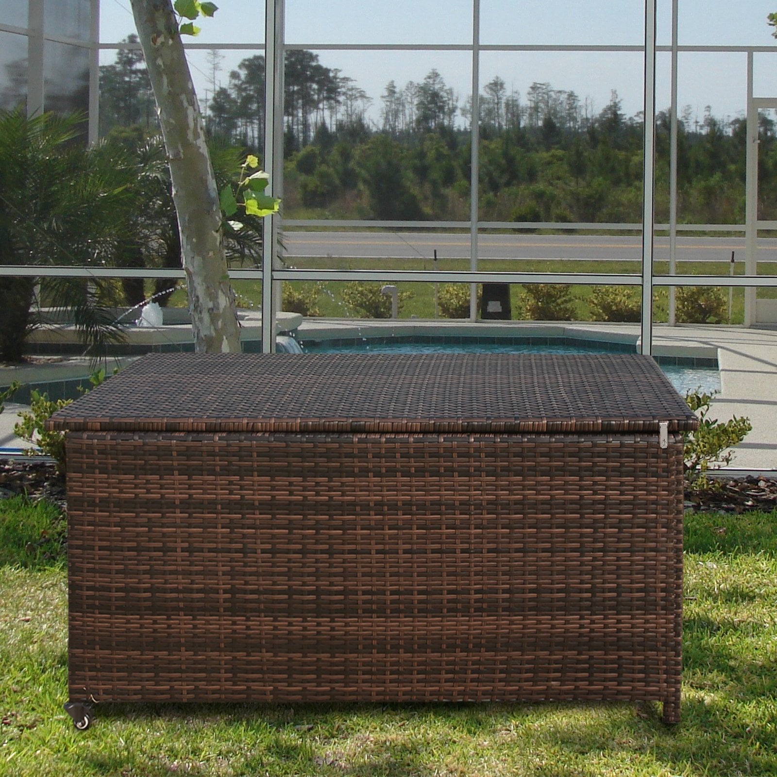 150 Gal Outdoor Storage Wicker Deck Box,Waterproof Lockable Container Rattan Storage Box,Brown