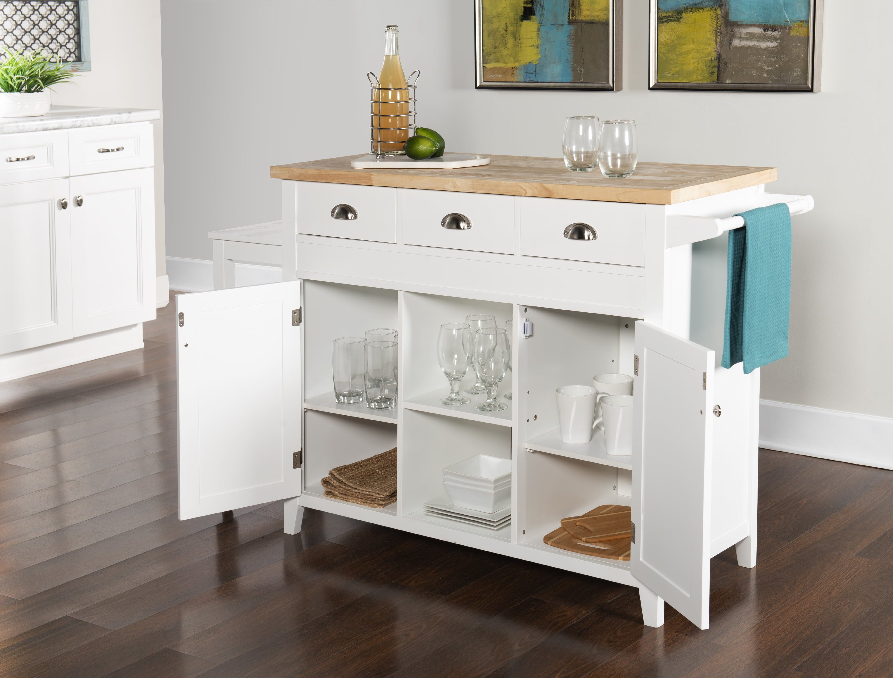 Linon Statum 3-Drawer Expandable Kitchen Cart with Open Shelves， White Finish