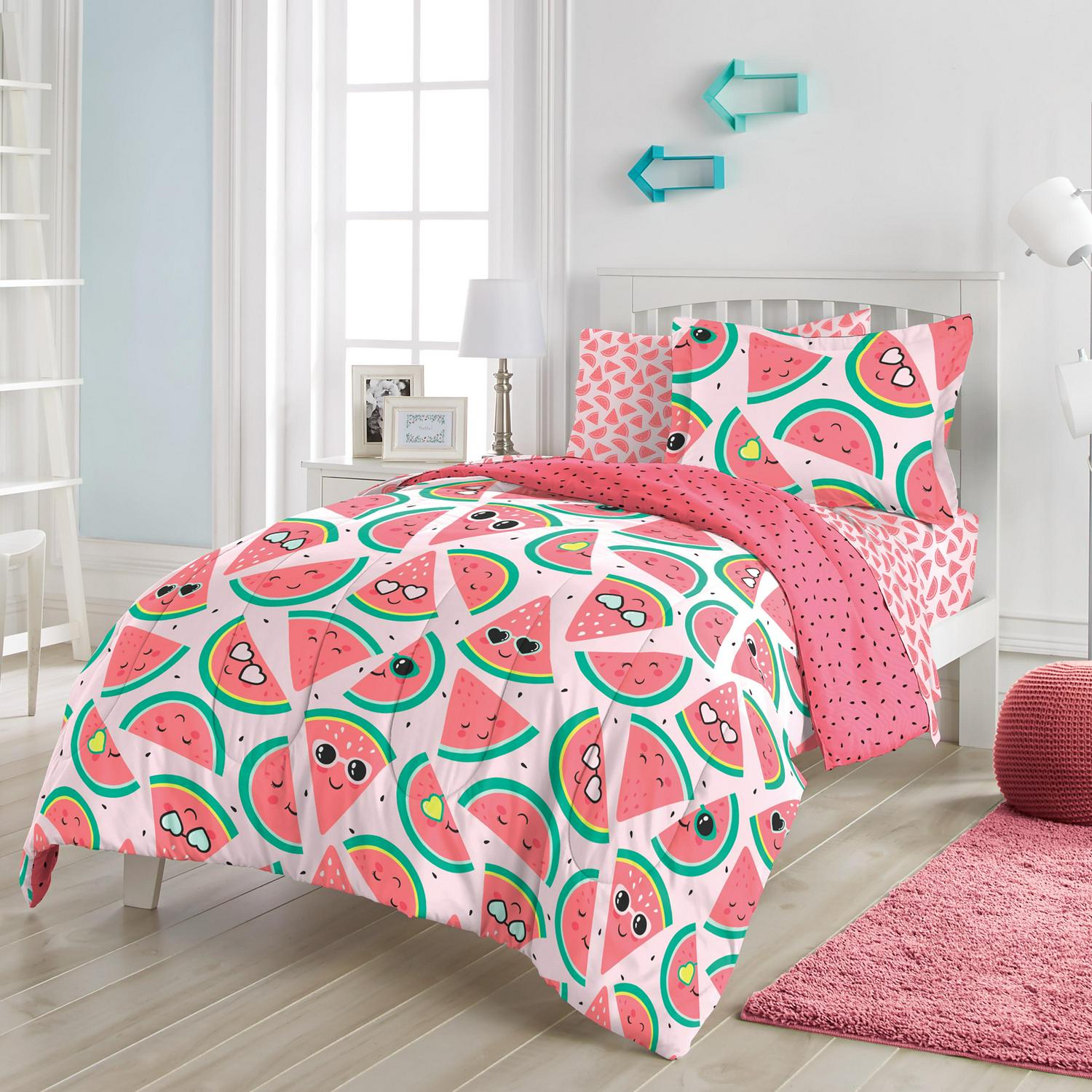 Dream Factory Watermelon Jam Twin 5 Piece Comforter Set， Polyester， Microfiber， Pink