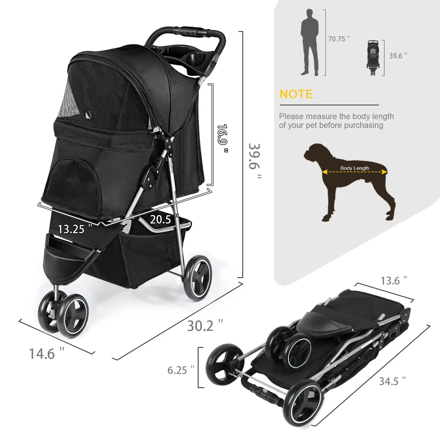 Pet Dog Stroller， Wedyvko 3 Wheels Foldable Dogs and Cat Strollers with Storage Basket and Cup Holder for Small and Medium Cats