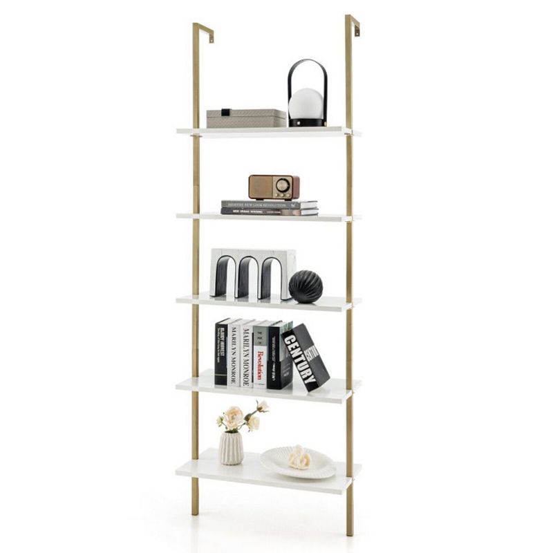 Hivago 5 Tier Ladder Shelf Wall-Mounted Bookcase with Steel Frame-Golden