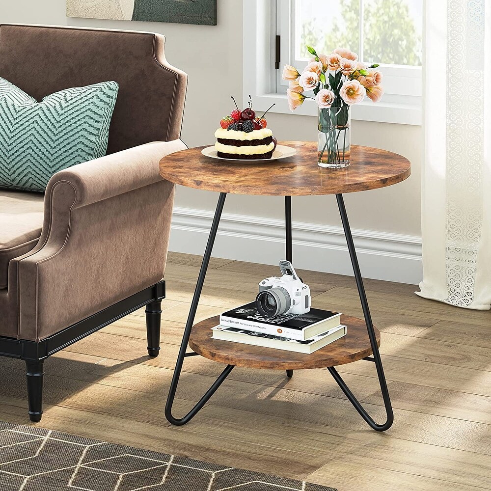 Round End Table  2 Tier Wood Sofa Side Table for Living Room Bedroom