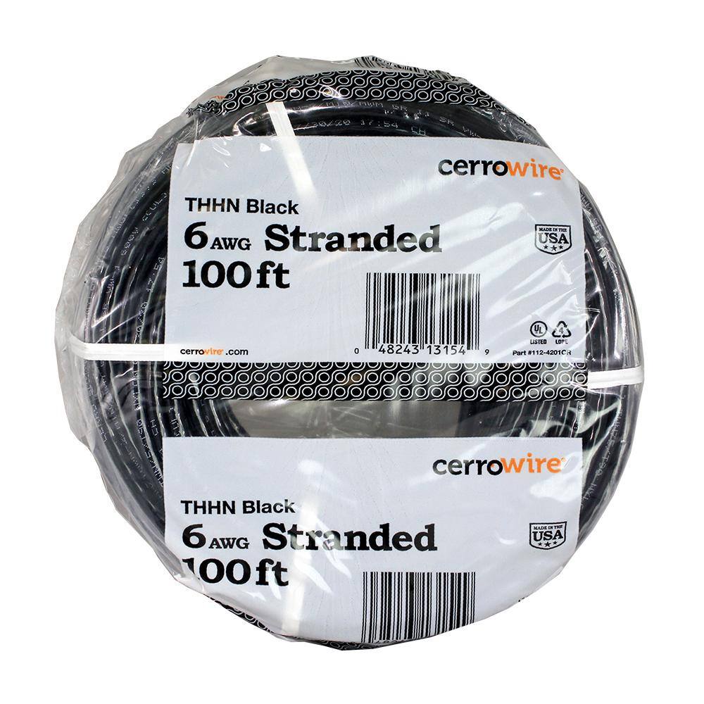 Cerrowire 100 ft. 6 Gauge Black Stranded Copper THHN Wire 112-4201CR