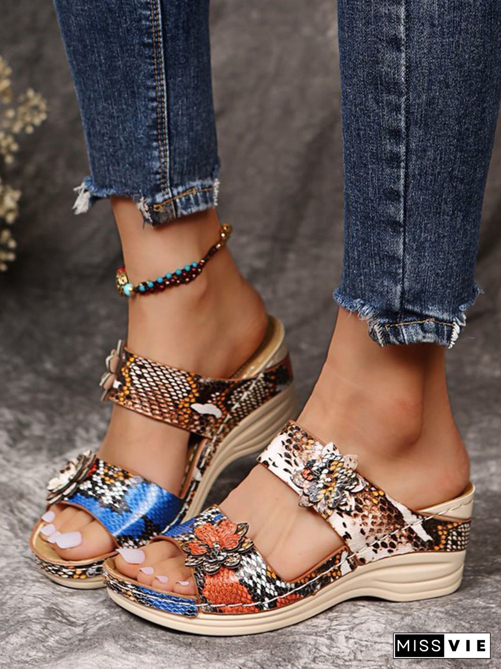 3D Floral Snake Print Wedge Sandals Slippers