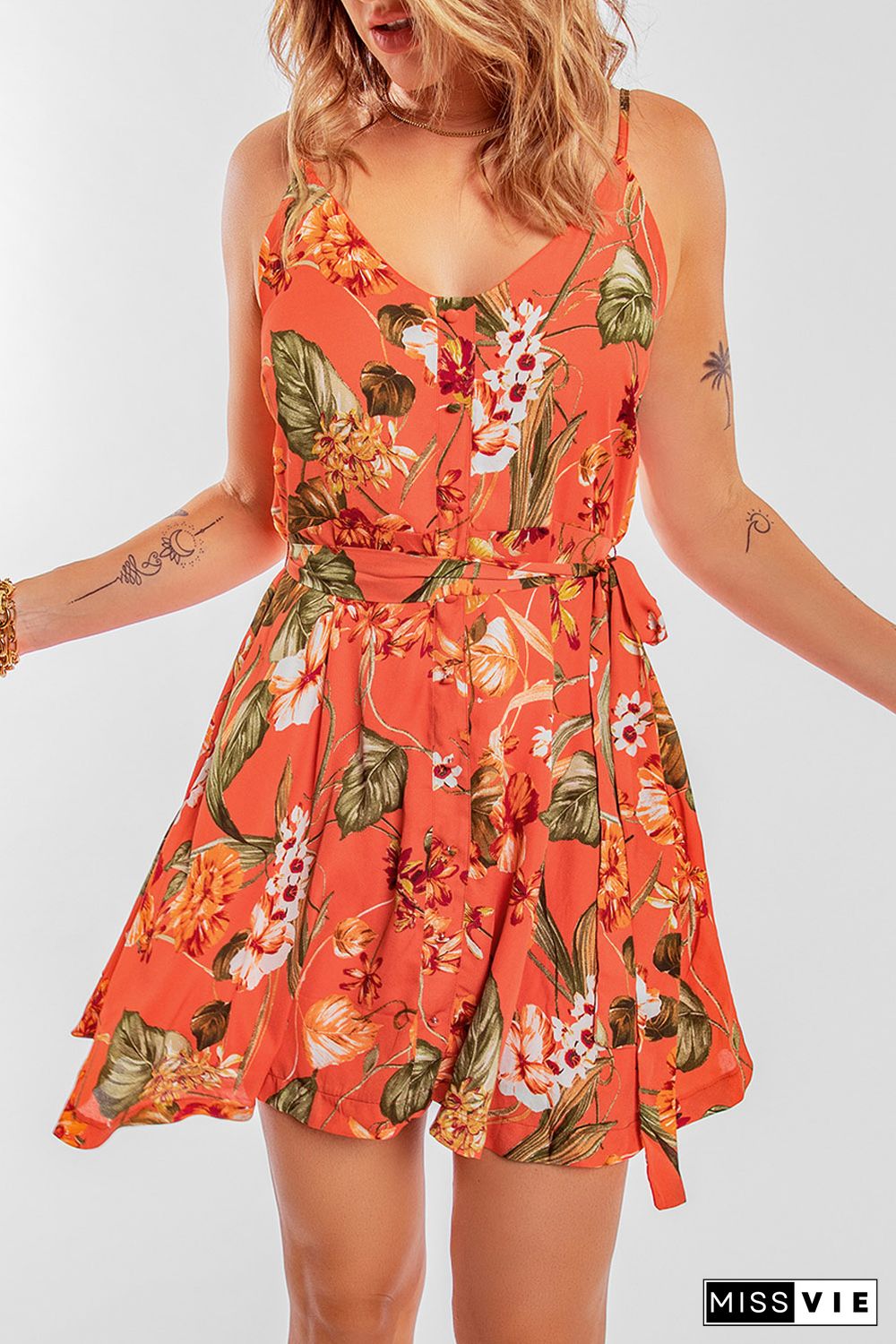 Orange Sleeveless A-line Floral Dress