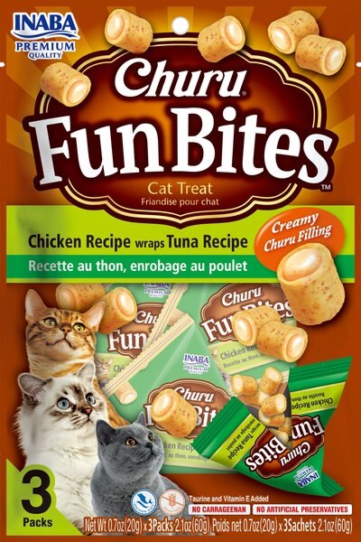 Inaba Cat Churu Fun Bites Chicken and Tuna Flavored Wrap Natural Chewy Cat Treats， 2.1-oz， 3 count