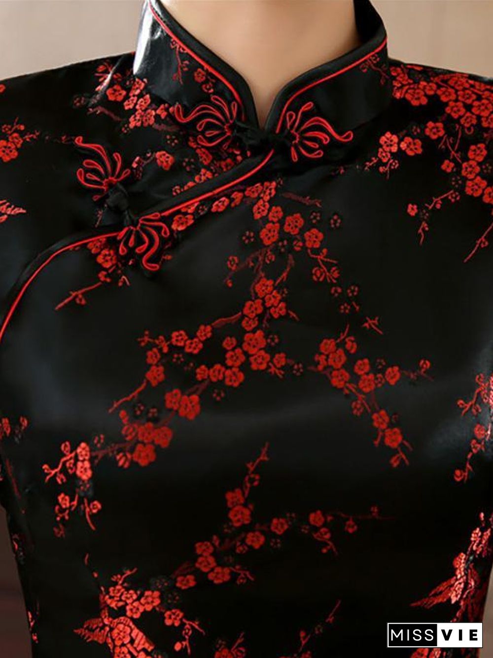 Black Red-flower Print Split-side Long Cheongsam