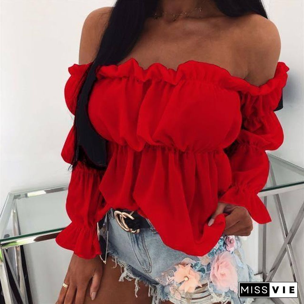 Elegant Women Off Shoulder Chiffon Blouse Fashion Solid Color Pleated Sexy Shirt New Womens Office Street Tops and Blouses