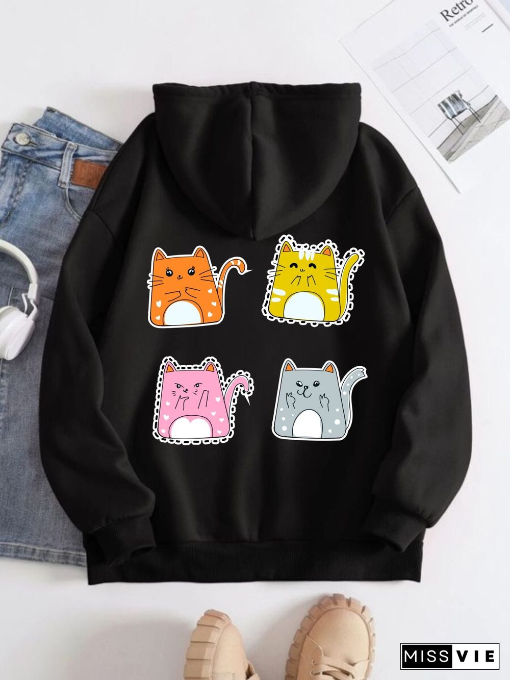 Printed on the Back Kangaroo Pocket Hoodie Long Sleeve for Women Pattern  Cartoon Cats