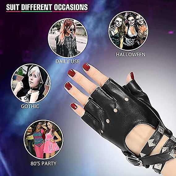 Women Punk Gloves Pu Leather Half Finger Rivets Performance Costume Fingerless Gloves For Ladies Teensblack1 Pair