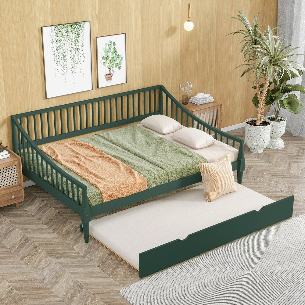 Full Size Green Daybed Wood Bed Frame with Pull Out Trundle Bed