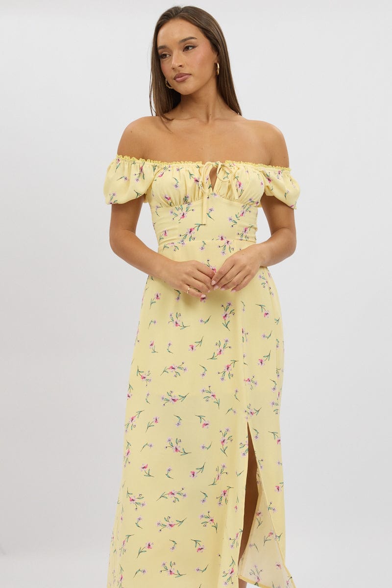 Yellow Floral Midi Dress Ruched Bust