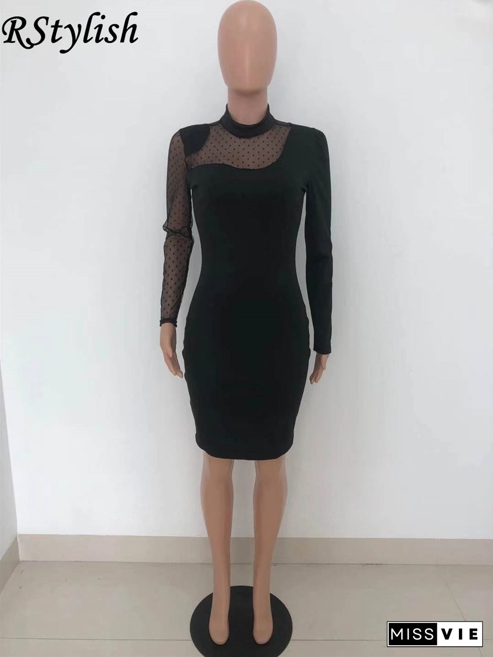 Sexy Mesh Splicing Long Sleeve Round Neck Bodycon Dress