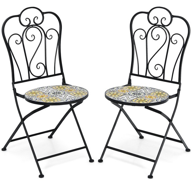 Tangkula 2pcs Outdoor Mosaic Folding Bistro Chairs Patio Chairs With Ceramic Tiles Seat And Exquisite Floral Pattern Yellow Seat