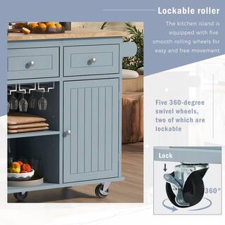 Runesay Gray Blue Rubberwood Folding Cable Countertop 39.8 in. W Kitchen Island Cart with Wine Rack and Side Shelf Compartment KIGYBE5567203