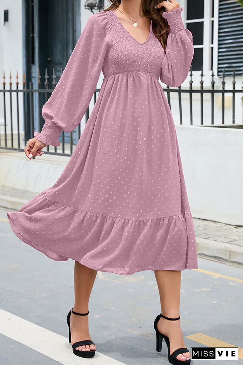 V Neck Smocked Swiss Dot Ruffles Midi Dress