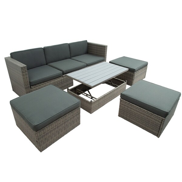 5Piece Patio Wicker Sofa with Adustable Backrest，Cushions，Ottomans and Lift Top Coffee Table