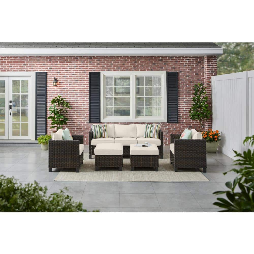 StyleWell Sharon Hill 5-Piece Wicker Patio Conversation with Almond Biscotti Cushions DE228565758