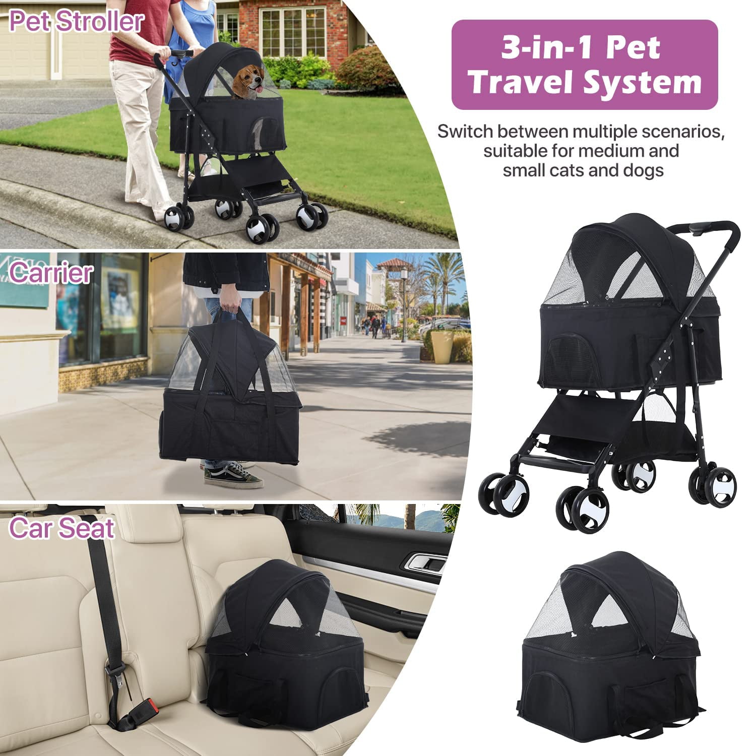 NiamVelo Foldable Pet Stroller Dog Stroller 3-in-1 Detachable Cat  Stroller w/4 Wheel for Puppy， Black